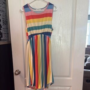 Casual Red and Yellow Sleeveless Crew Neck Midi Dress